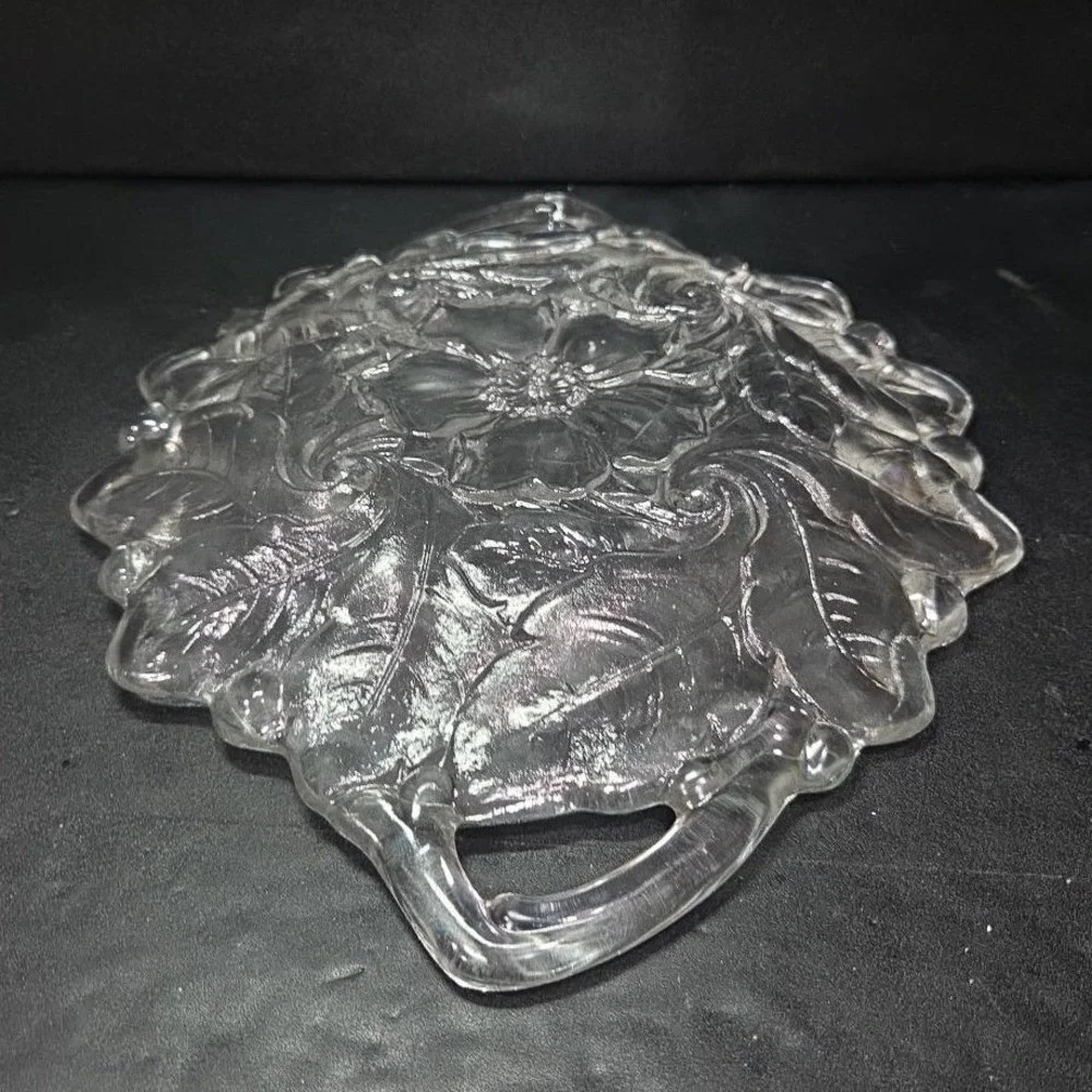 Indiana Glass‎ Handled Serving Tray, Vtg Embossed Wild Roses Design, Centerpiece
